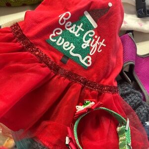 Festive Red Dog Dress with Christmas Tree Design, small cat - pet dress w collar